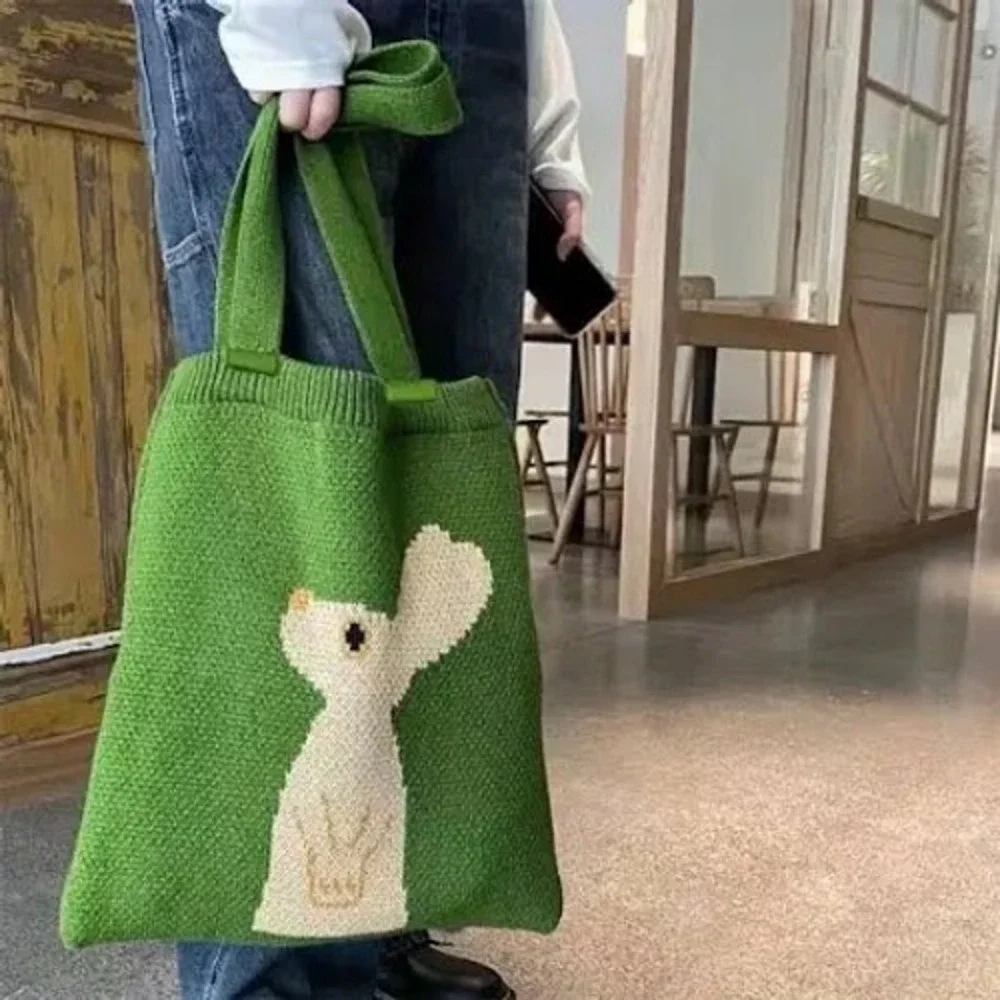 Green Knit Bunny Tote Bag Intarsia Rabbit Reusable Shopper Shoulder Bag